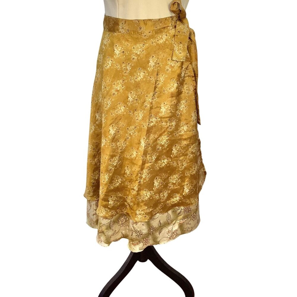 Kariza One Size Gold Floral Wrap Midi Skirt Silk Rayon Blend Cottage Core